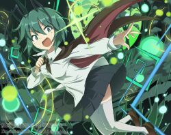  1girl antennae black_skirt brown_cape brown_shoes cape collared_shirt commentary_request danmaku green_eyes green_hair gurina_15 highres long_sleeves looking_at_viewer medium_hair open_mouth pleated_skirt red_cape shirt shoes skirt smile solo thigh-highs touhou two-sided_cape two-sided_fabric watermark white_shirt white_thighhighs wriggle_nightbug 