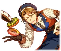  1boy brown_eyes brown_gloves brown_hair cum cum_on_body doughnut facial facial_hair food game_cg gloves goatee happy_elements hat helios_rising_heroes holding holding_food jay_kidman long_sleeves looking_at_viewer male_focus necktie non-web_source official_art one_eye_closed open_mouth shirt solo transparent_background vest white_shirt 