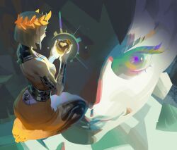  2girls apple backless_dress backless_outfit barefoot blonde_hair commentary dress english_commentary eris_(hades) feet food fruit glowing_feet golden_apple hades_(series) hades_2 highres holding holding_food holding_fruit jeremy_anninos laurel_crown looking_at_viewer melinoe_(hades) multiple_girls official_art promotional_art seiza short_dress short_hair sitting toes 