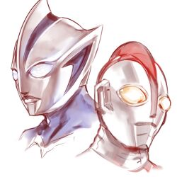  2boys alien blue_eyes blue_skin collarbone colored_skin commentary compound_eyes cropped_head dorsal_fin giant giant_male glowing glowing_eyes highres in-franchise_crossover keuma looking_ahead male_focus multicolored_skin multiple_boys no_pupils pointy_ears red_skin silver_skin simple_background tokusatsu two-tone_skin ultra_series ultraman_80 ultraman_80_(series) ultraman_teo ultraman_teo_(series) white_background wrinkled_skin yellow_eyes 