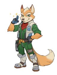  1boy animal_ears bluecard916 closed_mouth commentary english_commentary fox_boy fox_ears fox_mccloud fox_tail furry furry_male gloves green_jumpsuit grey_gloves hand_on_own_hip highres jumpsuit looking_at_viewer male_focus neckerchief red_neckerchief smile sparkle star_fox tail vest white_background white_vest 