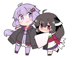  2girls :> ahoge black_sandals black_shoes blush brown_hair chibi chibi_only closed_mouth double-parted_bangs dress full_body hair_between_eyes hair_ornament headgear ini_(inunabe00) jacket japanese_clothes kimono long_hair long_sleeves looking_at_viewer miniskirt multiple_girls nose_blush obi open_clothes open_jacket pleated_skirt purple_dress purple_hair purple_skirt purple_thighhighs red_eyes red_sash sandals sash shoes short_dress short_hair_with_long_locks simple_background skirt sleeves_past_fingers sleeves_past_wrists smile socks standing standing_on_one_leg tabi thigh-highs touhoku_kiritan twintails violet_eyes vocaloid voiceroid white_background white_kimono white_socks wide_sleeves yuzuki_yukari zettai_ryouiki 