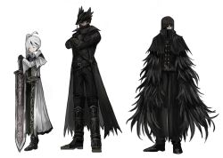  3boys ahoge belt black_boots black_coat black_hair black_hat black_shoes bloodborne boots cape closed_eyes closed_mouth coat commentary cosplay covered_mouth crossed_arms eileen_the_crow eileen_the_crow_(cosplay) english_commentary esther_(project_moon) full_body fur_cape greatsword hair_over_one_eye hat highres holding holding_sword holding_weapon hubert_(project_moon) hubestjoa hunter_(bloodborne) hunter_(bloodborne)_(cosplay) library_of_ruina male_focus multicolored_hair multiple_boys project_moon robe shoes side_ponytail simple_background standing streaked_hair sword torn_clothes torn_coat tricorne two-tone_hair weapon white_background white_hair white_robe yan_vismok yurie_the_last_scholar yurie_the_last_scholar_(cosplay) 