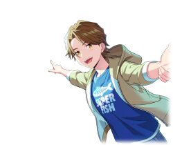  1boy blue_shirt brown_eyes brown_hair fingernails game_cg happy_elements helios_rising_heroes hood jacket jay_kidman long_sleeves looking_at_viewer male_focus non-web_source official_art open_clothes open_jacket open_mouth shirt smile solo teeth transparent_background upper_body upper_teeth_only 