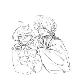  2girls ahoge asticassia_school_uniform blush braid coat commentary_request crossed_arms greyscale grin gundam gundam_suisei_no_majo hair_tie hand_on_another's_face highres long_sleeves looking_at_another miorine_rembran monochrome multiple_girls necktie nideaneng school_uniform simple_background smile upper_body white_background yushura_mirzakhani 