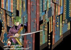  1boy absurdres black_background blue_eyes closed_mouth commentary_request curtains fire_emblem fire_emblem:_radiant_dawn gold green_hair high_collar highres holding holding_sword holding_weapon jacket male_focus medium_hair object_focus omlililimo purple_jacket simple_background solo stefan_(fire_emblem) sword weapon 