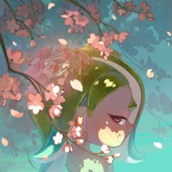  1girl bare_shoulders branch cephalopod_eyes closed_mouth commentary dmwggg falling_petals flower green_hair long_hair looking_at_viewer looking_back octoling official_alternate_costume petals pink_flower pink_petals red_eyes shiver_(splatoon) shiver_(springfest)_(splatoon) solo splatoon_(series) splatoon_3 tentacle_hair thick_eyebrows 