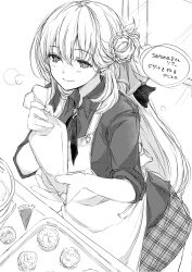  1girl agnes_claudel apron braid bun_with_braided_base closed_mouth commentary_request dessert eiyuu_densetsu food greyscale hair_bun highres holding holding_pastry_bag indoors kuro_no_kiseki_(series) long_hair monochrome pastry_bag plaid_clothes plaid_skirt polly_(cott) shirt single_side_bun skirt smile solo standing translation_request 