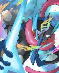  1other frog glowing glowing_eyes greninja highres long_tongue mega_evolution_symbol mega_greninja mega_pokemon neoruru_illust ninja other_focus pokemon pokemon_(creature) pokemon_focus red_eyes shuriken solo tongue tongue_scarf water water_shuriken_(pokemon) weapon 