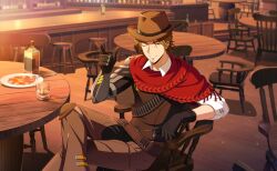  1boy belt black_gloves brown_eyes brown_hair brown_vest cowboy_hat cowboy_western crossed_legs cup drinking_glass game_cg gloves happy_elements hat helios_rising_heroes highres indoors jay_kidman male_focus non-web_source official_art one_eye_closed pants shirt sitting solo table vest virtual_youtuber white_shirt 