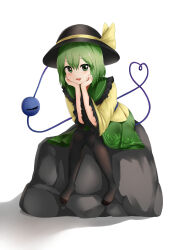  1girl black_hat bow brown_pantyhose collared_shirt commentary doge_(jkdoge) eyeball floral_print frilled_shirt_collar frilled_sleeves frills green_eyes green_hair green_skirt hat hat_bow heart heart_of_string highres komeiji_koishi long_sleeves looking_at_viewer open_mouth pantyhose print_skirt rock rose_print shadow shirt simple_background sitting skirt smile solo third_eye touhou white_background wide_sleeves yellow_bow yellow_shirt 