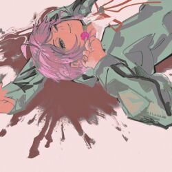  1boy 7enn blood blue_eyes candy collared_shirt food green_jacket holding holding_candy holding_food holding_lollipop jacket lollipop lying male_focus on_back original pink_background pink_hair pool_of_blood red_ribbon ribbon shirt short_hair smile solo teeth very_short_hair white_shirt 