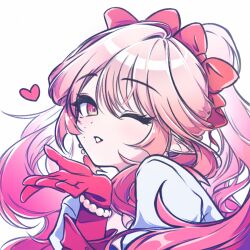  1girl arknights beads blowing_kiss commentary flat_(user_ahgy3737) gloves gradient_hair haruka_(arknights) heart highres long_hair looking_at_viewer mole mole_on_cheek multicolored_eyes multicolored_hair multiple_moles one_eye_closed pink_eyes pink_gloves pink_hair pointy_ears portrait shirt simple_background smile solo two-tone_eyes white_background white_shirt yellow_eyes 