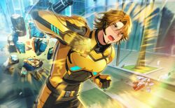  1boy belt bodysuit brown_eyes brown_hair clenched_hand clenched_hands facial_hair game_cg gloves goatee happy_elements headset helios_rising_heroes highres jay_kidman male_focus non-web_source official_art open_mouth punching solo yellow_bodysuit 