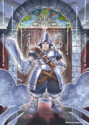  1boy adelbert_steiner armor artist_name belt brown_belt chainmail commentary crossed_belts door english_commentary final_fantasy final_fantasy_ix frown full_body furrowed_brow hat_feather helm helmet highres holding holding_sword holding_weapon male_focus micehellwd plate_armor shoulder_armor shoulder_belt solo stained_glass sword weapon 