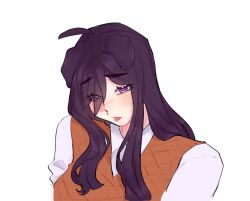  1girl ahoge animal_ears blush brown_sweater_vest collared_shirt commentary dog_ears dog_girl doki_doki_literature_club drooling english_commentary fang furrowed_brow hair_between_eyes heart heart-shaped_pupils highres kemonomimi_mode long_hair pockiseisont purple_hair saliva shirt simple_background solo sweater_vest symbol-shaped_pupils tongue tongue_out violet_eyes white_background white_shirt yuri_(doki_doki_literature_club) 