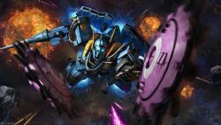  absurdres asteroid berga_giros bug_(gundam_f91) cable copyright_notice crossbone_vanguard debris drone energy_beam explosion glowing glowing_eyes gundam gundam_battle_operation_2 gundam_f91 highres mecha mecha_focus mobile_suit motion_blur nebula no_humans official_art painting_(medium) promotional_art realistic robot scan scene_reference science_fiction shot_lancer space spinning star_(sky) sunrise_(company) tenjin_hidetaka thrusters traditional_media zero_gravity 
