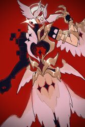  1other ambiguous_gender androgynous angel_wings arm_up armor creature cube eye_symbol feathered_wings finger_claws floating full_armor genshin_impact glowing halo head_wings highres leaning_to_the_side liyou18233 monster_boy multicolored_armor multiple_wings nihilita_(genshin_impact) red_background simple_background solo star_(symbol) upper_body white_wings wings 