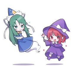  2girls :d bloomers blue_capelet blue_hat blue_skirt blunt_bangs blunt_ends blush boots bow bowtie capelet chibi chibi_only closed_mouth commentary_request dress fang full_body ghost_tail green_eyes green_hair hat hat_bow highres holding holding_wand long_hair long_sleeves looking_at_viewer mima_(touhou) multiple_girls okazaki_yumemi open_mouth parted_bangs purple_boots purple_capelet purple_dress purple_hat red_eyes shirt short_hair sidelocks simple_background skirt smile soooooook2 star_(symbol) touhou touhou_(pc-98) wand white_background white_bloomers white_bow white_bowtie white_shirt wide_sleeves witch_hat yellow_bow yellow_bowtie 