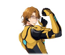  1boy brown_eyes brown_hair clenched_hand facial_hair game_cg goatee happy_elements headset helios_rising_heroes jay_kidman looking_at_viewer male_focus non-web_source official_art one_eye_closed smile solo teeth transparent_background upper_body 