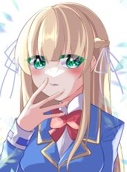  1girl absurdres blonde_hair blush bow bowtie braid dmc_tales2006 green_eyes hair_ribbon hand_on_own_face heaven_burns_red highres long_hair red_bow red_bowtie ribbon side_braid simple_background toujou_tsukasa white_background white_ribbon 