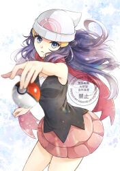  1girl beanie black_shirt blue_eyes blue_hair breasts closed_mouth commentary_request frown hair_ornament hairclip hat highres hikari_(pokemon) holding holding_poke_ball long_hair looking_at_viewer miniskirt poke_ball poke_ball_(basic) poke_ball_print pokemon pokemon_diamond/pearl/platinum red_scarf scarf shirt skirt sleeveless solo white_hat yomogi_(black-elf) 