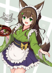  1girl animal_ears apron blue_eyes brown_hair commentary_request feet_out_of_frame food fox_ears fox_girl fox_tail green_kimono happy highres holding holding_tray japanese_clothes kimono komori_kon long_hair looking_at_viewer maid maid_apron maid_headdress open_mouth original solo standing tail tray 