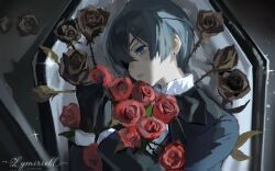  1boy black_flower black_gloves black_rose blue_eyes ciel_phantomhive coffin eyepatch flower gloves grey_hair highres kuroshitsuji lying lymiriell male_focus on_side own_hands_clasped own_hands_together parted_lips red_flower red_rose rose short_hair sidelighting solo upper_body 