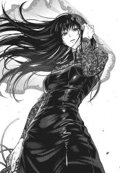  1girl artist_name blood blood_on_hands commentary cowboy_shot dress empty_eyes expressionless floating_hair from_below greyscale hand_up highres holding holding_weapon kuroiisana lace lace-trimmed_veil lace_dress lace_sleeves lace_trim long_hair looking_at_viewer monochrome osaragi_(sakamoto_days) sakamoto_days see-through_clothes see-through_veil simple_background solo veil weapon white_background 