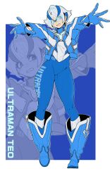 1girl absurdres aqua_eyes blue_bodysuit blue_boots blue_gloves blue_hair blue_jacket bodysuit boots border character_name chinese_commentary commentary_request different_zoom_layer genderswap genderswap_(mtf) gloves highres humanization jacket makai multicolored_hair multicolored_jacket rimless_eyewear socks sunglasses ultra_series ultraman_teo ultraman_teo_(series) white_border white_hair white_jacket white_socks 