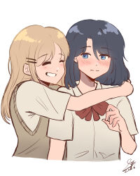  2girls absurdres adachi_sakura adachi_to_shimamura black_hair blue_eyes bow bowtie brown_hair brown_sweater_vest closed_eyes closed_mouth collared_shirt commentary grin highres hug hug_from_behind long_hair medium_hair multiple_girls piapie06 red_bow red_bowtie school_uniform shimamura_hougetsu shirt simple_background smile sweater_vest upper_body white_background white_shirt yuri 