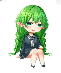  1girl :d absurdres black_sailor_collar black_serafuku black_shirt black_skirt braid chibi collarbone commission commissioner_upload ear_piercing earrings elf euphemy_sylvaine full_body green_eyes green_hair hair_between_eyes highres jewelry long_hair long_sleeves looking_at_viewer lori_hagami neckerchief official_art open-mouth_smile open_mouth piercing pleated_skirt pointy_ears qr_code sailor_collar school_uniform serafuku shirt shoes simple_background sitting skirt smile socks solo stud_earrings twin_braids twintails very_long_hair ways_of_darkness_(series) white_background white_neckerchief white_socks 
