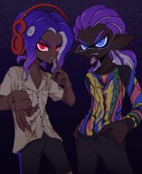  2boys bike_shorts blue_eyes blue_hair commentary_request dark_skin glassless_glasses_(splatoon) hands_in_pockets headphones highres hirooooo_(splatoon) inkling_boy inkling_player_character multiple_boys nanimaroom octoling_boy octoling_player_character purple_hair red_eyes shirt shorts sidelocks smile splatoon_(series) splatoon_3 standing suction_cups tentacle_hair thick_eyebrows 