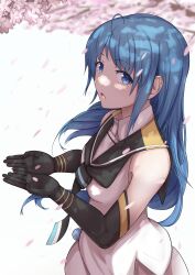  1girl absurdres ahoge black_neckerchief black_sailor_collar blue_eyes blue_hair breasts cherry_blossoms commentary_request elbow_gloves gloves highres kantai_collection long_hair neckerchief onozuka_yuruo sailor_collar samidare_(kancolle) school_uniform serafuku shirt sidelocks sleeveless sleeveless_shirt small_breasts solo swept_bangs very_long_hair white_serafuku 