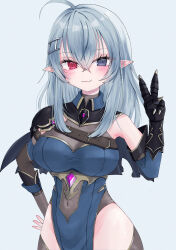  1girl ahoge armor bare_hips black_gauntlets blue_dress blue_eyes breasts clawed_gauntlets commentary dress fang gauntlets general_geega grey_background grey_hair hand_on_own_hip heterochromia highres large_breasts leotard long_hair looking_at_viewer navel pointy_ears red_eyes see-through_cleavage see-through_clothes see-through_leotard shoulder_armor single_gauntlet skin_fang smile tensui_byakuya thighs v virtual_youtuber vshojo 