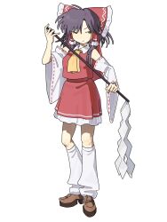  1girl ascot bow brown_eyes brown_hair brown_shoes closed_mouth commentary detached_sleeves frilled_bow frilled_hair_tubes frilled_skirt frills full_body gohei hair_bow hair_tubes hakurei_reimu highres holding holding_gohei leg_warmers loafers long_hair looking_at_viewer mozupoko red_bow red_skirt ribbon-trimmed_sleeves ribbon_trim shoes simple_background skirt skirt_set solo touhou white_background white_leg_warmers yellow_ascot 