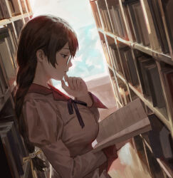  1girl absurdres black_hair black_ribbon book bookshelf braid breasts brown_eyes cat_hair_ornament closed_mouth commentary_request from_side glasses grey_skirt hair_ornament hand_on_own_chin hanekawa_tsubasa highres holding holding_book indoors juliet_sleeves large_breasts long_hair long_sleeves monogatari_(series) naoetsu_high_school_uniform neck_ribbon pince-nez profile puffy_sleeves reading ribbon school_uniform single_braid skirt sleeve_cuffs solipsist solo stroking_own_chin upper_body wooden_floor 