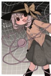  1girl black_eyes black_hat black_thighhighs blouse blue_eyes bow buttons commentary_request diamond_button eyeball floral_print frilled_shirt_collar frilled_sleeves frills green_hair green_skirt hat hat_bow hat_ribbon heart heart_of_string highres komeiji_koishi open_mouth ribbon rose_print shirt simple_background skirt smile solo thigh-highs third_eye touhou ttaaca_ca yellow_bow yellow_ribbon yellow_shirt 