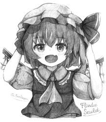  1girl ascot blush boss9331 character_name collared_shirt commentary_request crystal fang flandre_scarlet frilled_shirt_collar frills greyscale hat looking_at_viewer making-of_available mob_cap monochrome one_side_up open_mouth puffy_short_sleeves puffy_sleeves shirt short_sleeves skin_fang smile solo touhou traditional_media upper_body wings 