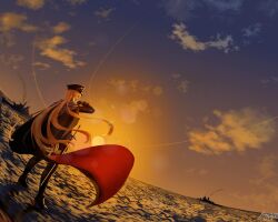  1girl azur_lane bismarck_(azur_lane) bismarck_zwei_(azur_lane) black_boots black_gloves black_hat black_jacket blonde_hair boots commentary dutch_angle english_commentary evening from_behind full_body gloves half_gloves hat highres jacket kirsche_o5 long_hair long_sleeves military_vehicle ocean outdoors peaked_cap scabbard sheath sheathed ship solo sunset sword thigh_boots very_long_hair warship water watercraft weapon zettai_ryouiki 