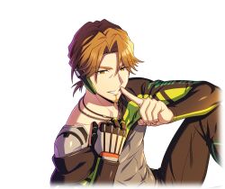  1boy black_pants brown_eyes brown_hair cum cum_on_body facial facial_hair finger_to_mouth game_cg goatee grey_shirt happy_elements helios_rising_heroes index_finger_raised jay_kidman jewelry long_sleeves looking_at_viewer low_ponytail male_focus necklace non-web_source official_art pants parted_bangs ponytail shirt sitting smile solo thick_eyebrows transparent_background virtual_youtuber 