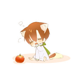  1boy =_= animal_ear_fluff animal_ears axis_powers_hetalia barefoot brown_hair cat_boy cat_ears cat_tail chibi chibi_only closed_eyes commentary_request decoco full_body hair_between_eyes kemonomimi_mode licking licking_hand male_focus shirt short_hair simple_background sitting solo southern_italy_(hetalia) squeans tail tomato tongue tongue_out white_background white_shirt 