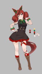  1girl animal_ears black_dress blush boots bow bowtie breasts brown_boots brown_eyes brown_hair diagonal-striped_bow dress ear_bow ear_covers ear_ribbon epaulettes full_body green_bow green_bowtie hand_on_own_hip highres horse_ears horse_girl horse_tail juliet_sleeves keldancon long_sleeves looking_at_viewer medium_hair multicolored_hair nice_nature_(poinsettia_ribbon)_(umamusume) nice_nature_(umamusume) o-ring o-ring_thigh_strap open_mouth pinafore_dress puffy_sleeves red_socks shirt simple_background single_epaulette sleeveless sleeveless_dress smile socks solo streaked_hair striped_bow striped_bowtie striped_clothes tail thigh_strap twintails umamusume 