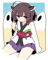  1girl ahoge blue_background blush border brown_hair closed_mouth cropped_legs hand_up headgear highres ini_(inunabe00) japanese_clothes kimono kiritanpo_(food) long_sleeves miniskirt obi outline outside_border pink_eyes pleated_skirt purple_skirt red_sash sash short_hair skirt solo touhoku_kiritan twintails voiceroid white_border white_kimono white_outline wide_sleeves 