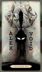  absurdres badge english_text glasses glowing glowing_eyes highres long_hair necktie no_mouth no_nose original shirt straight-on tagme tarot the_hanged_man_(tarot) tie_clip turtle upper_body vedal987 vedal_ai windsketchy 