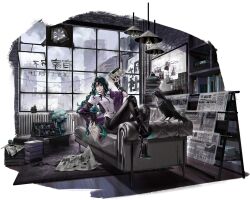  1girl armor artist_request bai_yi_(path_to_nowhere) bird black_gloves black_nails black_pants black_shoes black_sleeves book book_stack bookshelf breasts cactus couch crow evidence_board eyeshadow flower gloves green_eyes green_hair highres holding holding_binder holding_newspaper holding_pen holding_quill indoors ink_stain inkwell long_hair makeup newspaper official_art on_couch pants path_to_nowhere pen photo_(object) plant potted_plant purple_eyeshadow purple_sash quill radiator raven_(path_to_nowhere) rose sash shirt shoes single_glove single_sleeve_past_wrist single_vambrace sitting small_breasts vambraces violet_eyes white_flower white_rose white_shirt window zoya_(path_to_nowhere) 