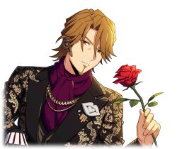  1boy ascot black_jacket brown_eyes brown_hair facial_hair flower game_cg goatee happy_elements headset helios_rising_heroes holding holding_flower jacket jay_kidman long_sleeves looking_at_viewer male_focus non-web_source official_alternate_costume official_art parted_lips red_flower red_rose rose solo transparent_background upper_body 