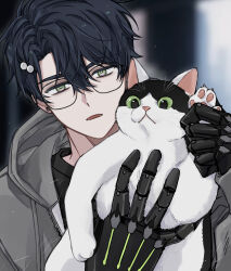  1boy animal black_hair black_shirt blurry blurry_background cat commentary earrings glasses green_eyes grey_hoodie highres holding holding_animal holding_cat hood hoodie jewelry looking_at_viewer male_focus mechanical_hands open_mouth pearl_hair_ornament robjorim robo_frostor shirt simple_background skoshism stud_earrings untranslatable_commentary upper_body virtual_youtuber waving 