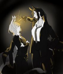  2girls absurdres alternate_costume animal_ears closed_mouth collared_shirt commentary crossdressing crossdressing_(ftm) crossed_arms english_commentary eye_contact feathered_wings gloves greyscale highres horse_ears jacket kicchou_yachie kurokoma_saki long_hair looking_at_another missing_headwear monochrome multiple_girls neat_ad4816 necktie open_clothes open_jacket pants ponytail shirt smile spot_color touhou wings 