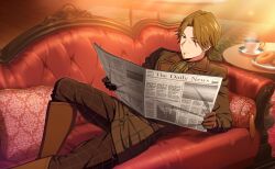  1boy boots brown_eyes brown_hair brown_pants couch cup facial_hair food game_cg gloves goatee happy_elements helios_rising_heroes highres holding holding_newspaper indoors jacket jay_kidman knee_boots lying male_focus newspaper non-web_source official_art on_couch pants solo table teacup 